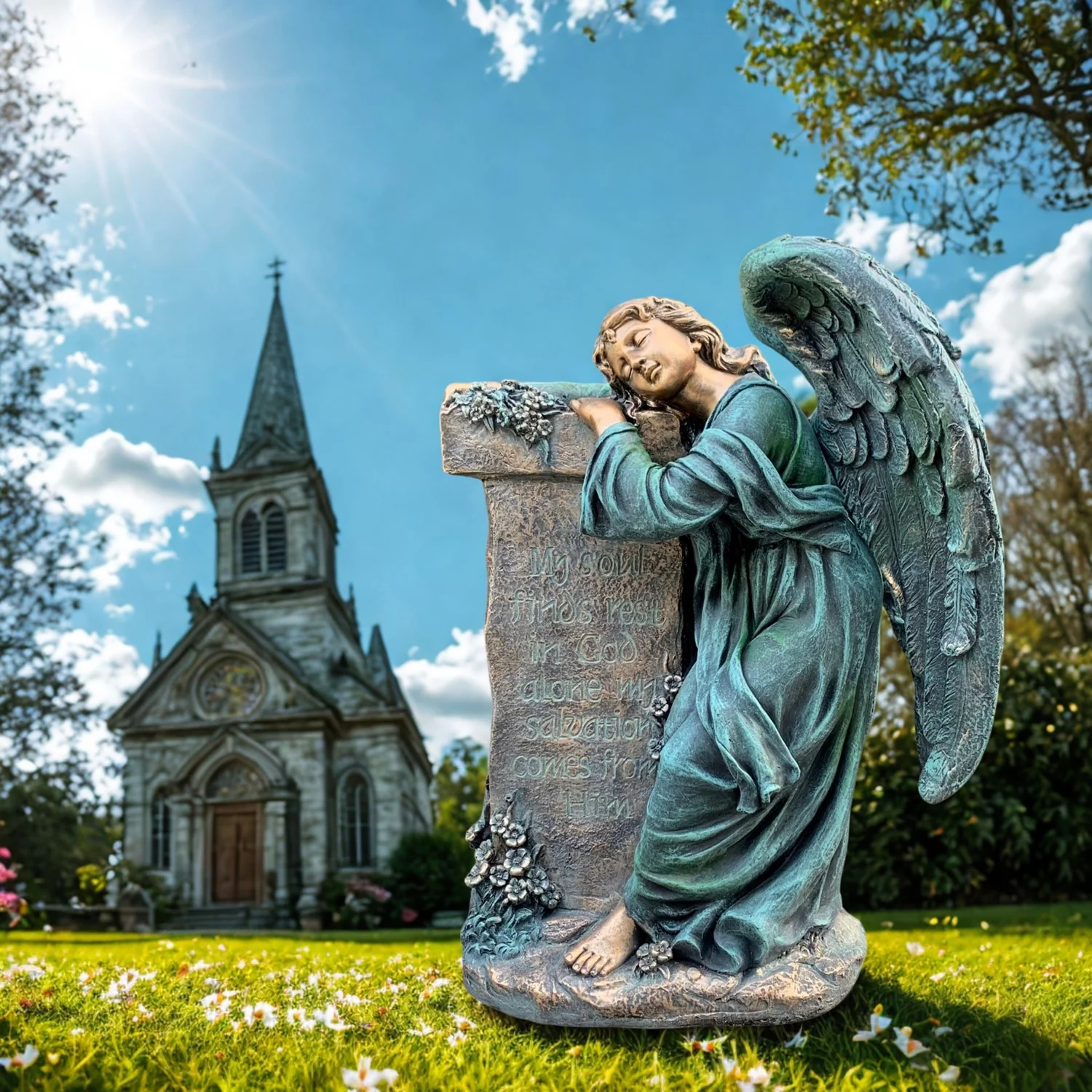Angel Mourning Religious Memorial Scripture Garden Statue 33" H - Image 2