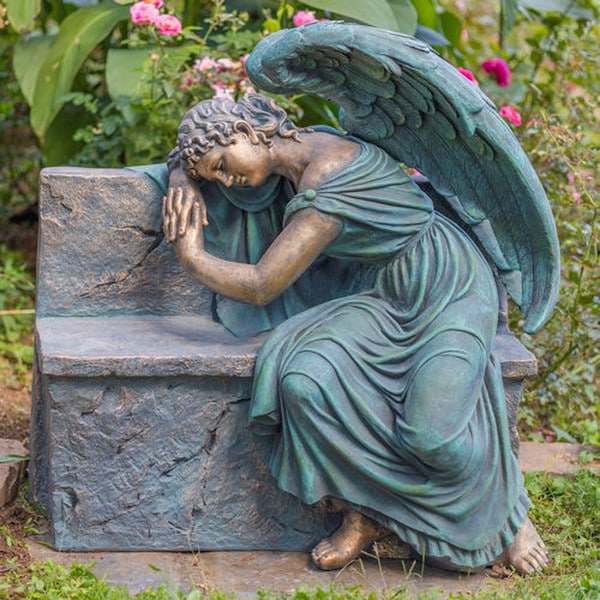 Angel Weeping On Garden Bench Statue - Image 3