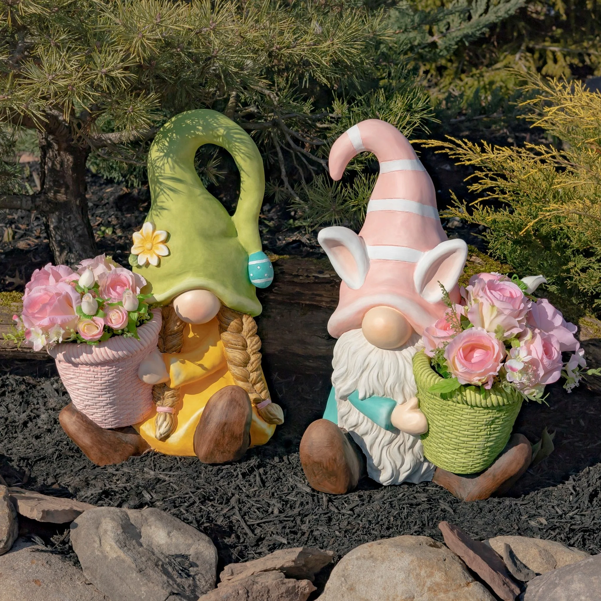 Blossom & Bunny Gnome Planter Set of 2 Garden Statues 19.5" High