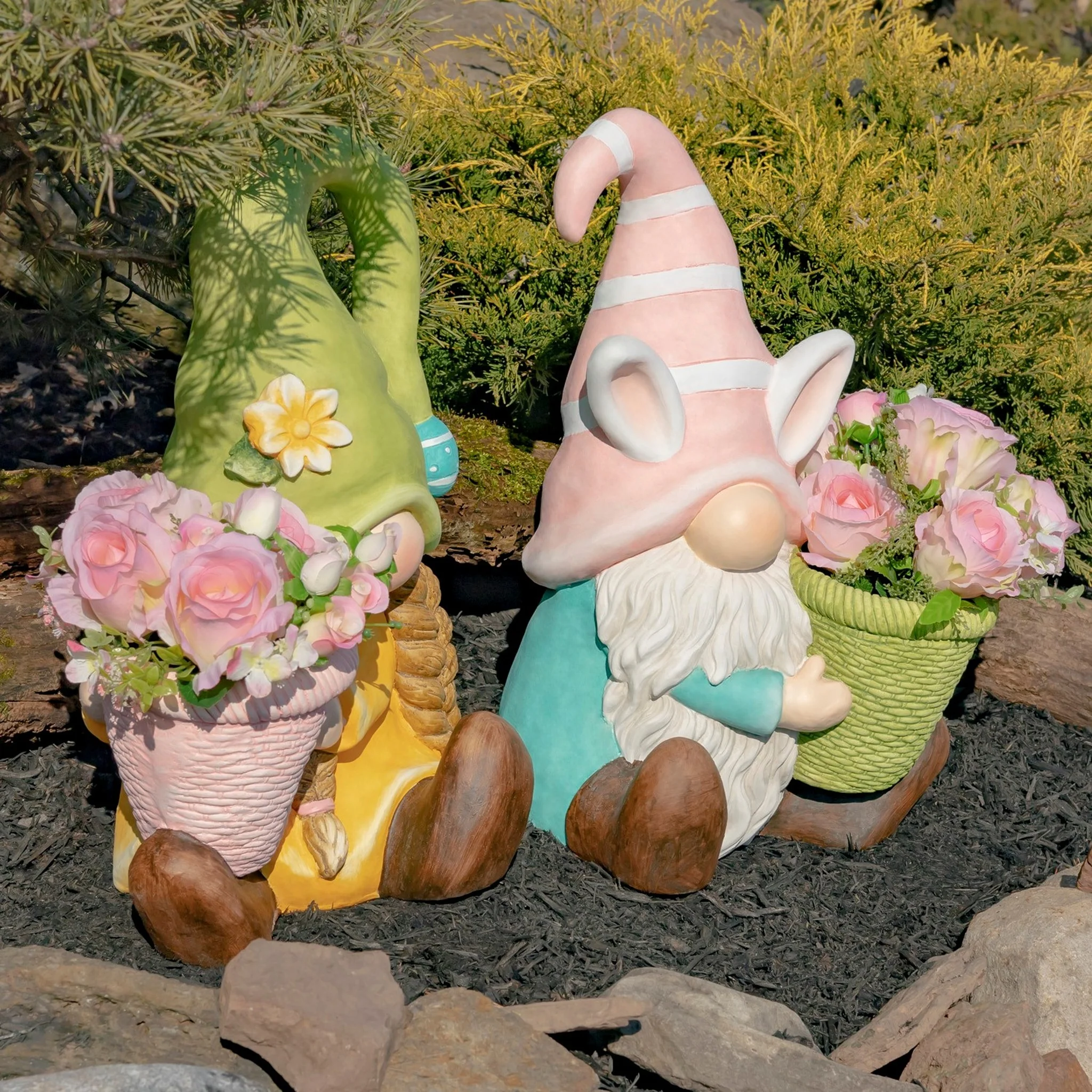 Blossom & Bunny Gnome Planter Set of 2 Garden Statues 19.5" High - Image 4