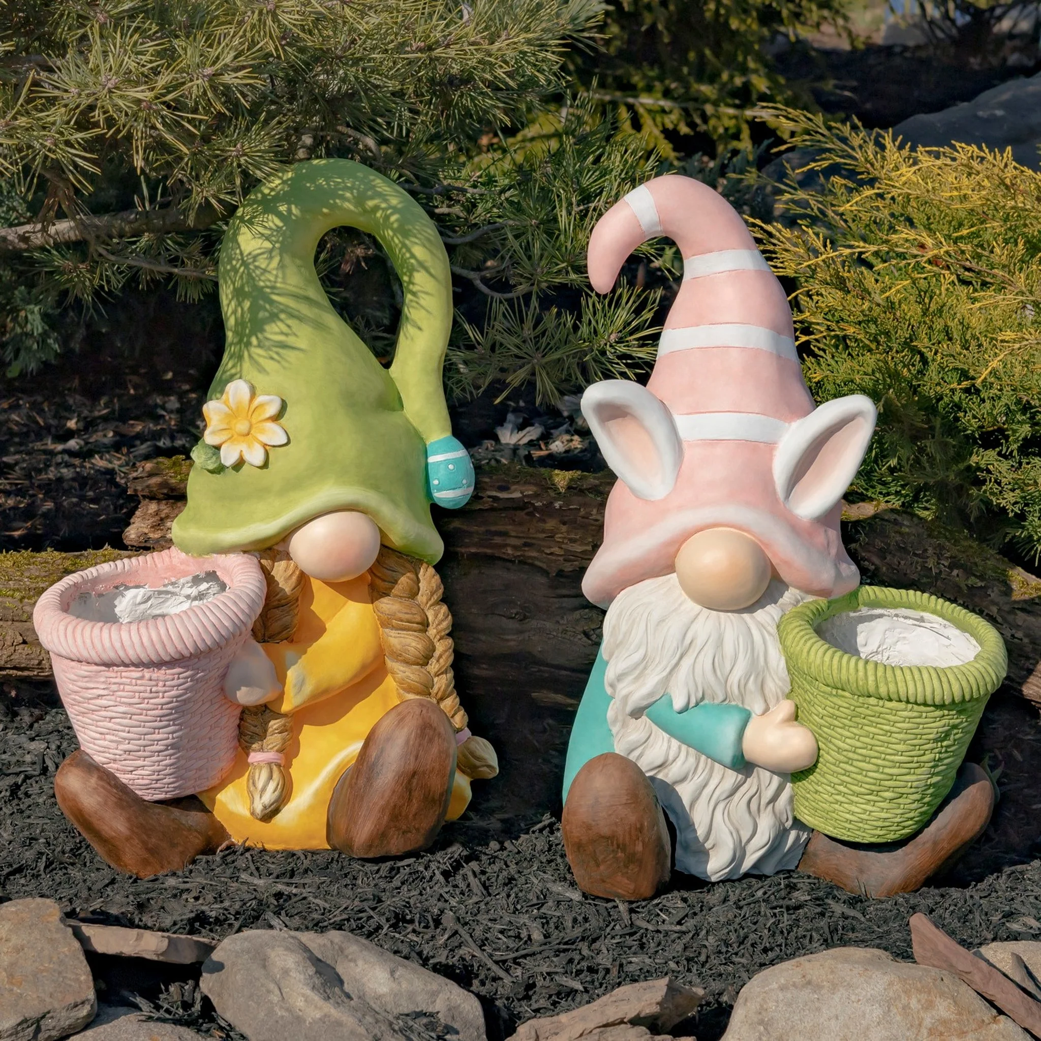 Blossom & Bunny Gnome Planter Set of 2 Garden Statues 19.5" High - Image 5