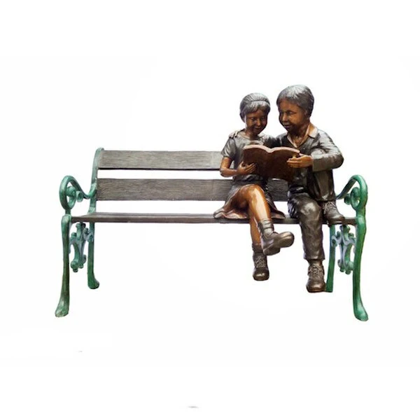 Boy and Girl Reading on Bench Garden Statue Bronze