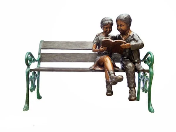 Boy and Girl Reading on Bench Garden Statue Bronze - Image 2