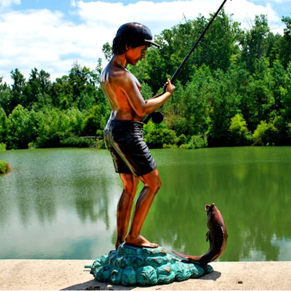 Boy Fishing Water Feature Fountain Bronze Statue