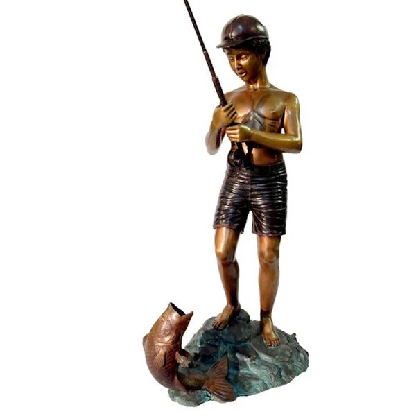 Boy Fishing Water Feature Fountain Bronze Statue - Image 2