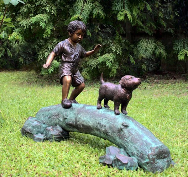 Boy Following Dog Across Log Bronze Statue - Image 3