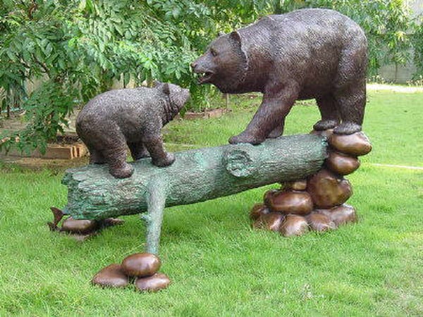 Bronze Bear Sculpture On Log With Cub - Image 2
