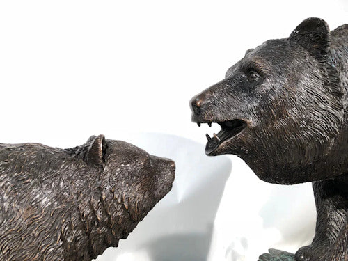 Bronze Bear Sculpture On Log With Cub - Image 4