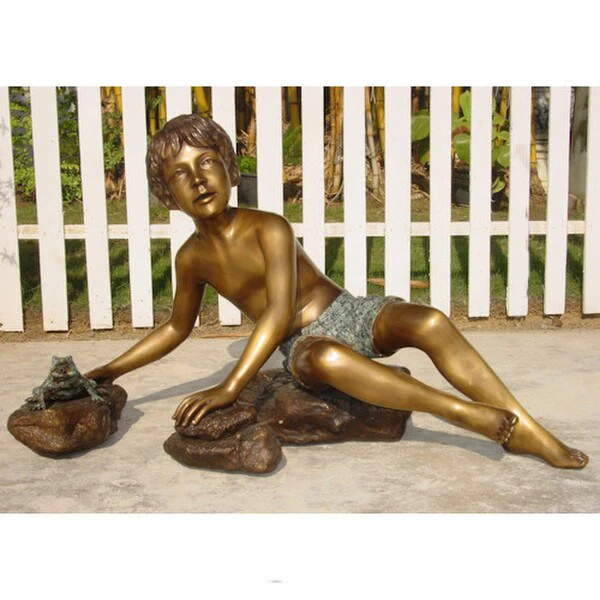 Bronze Boy on Rocks with Frog Water Feature Statue - Image 3