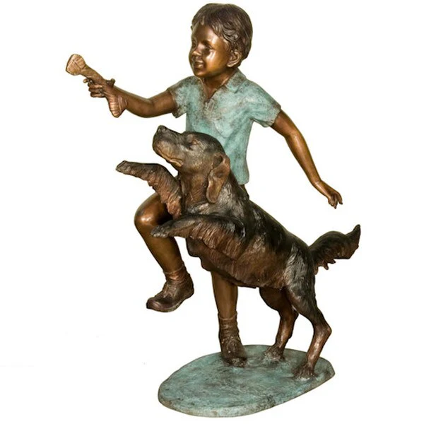 Bronze Boy Playing with Dog Sculpture
