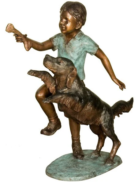 Bronze Boy Playing with Dog Sculpture - Image 2