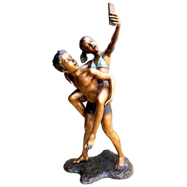 Bronze Girl and Boy Taking a Selfie Sculpture