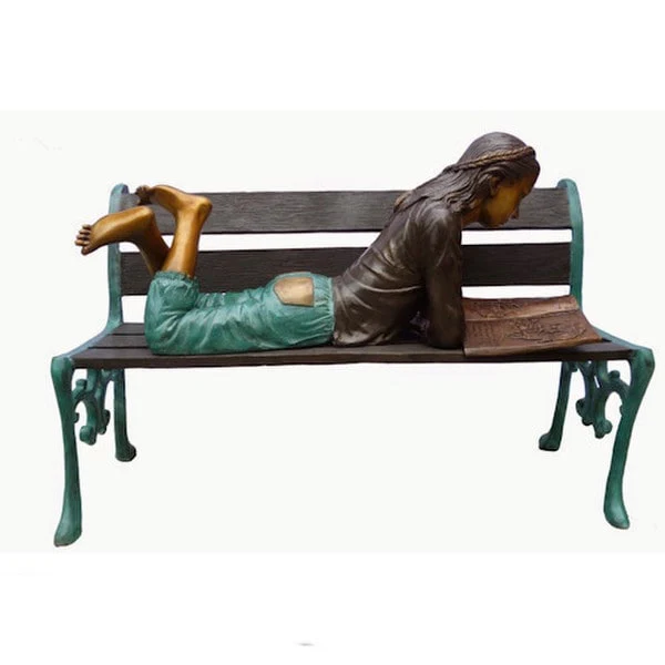 Bronze Girl Lying on Park Bench Reading Statue