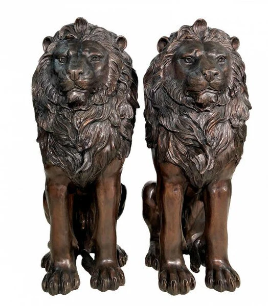 Bronze Sitting Lions Sculpture Pair