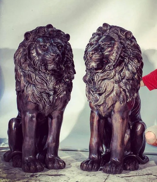 Bronze Sitting Lions Sculpture Pair - Image 2