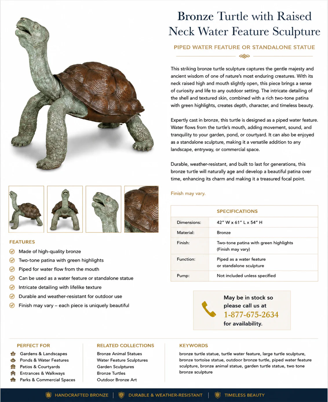 Bronze Turtle Water Feature Statue 54" High - Image 3