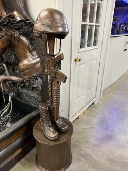 Bronze War Memorial with Gun Rifle & Boots on Column - Image 2