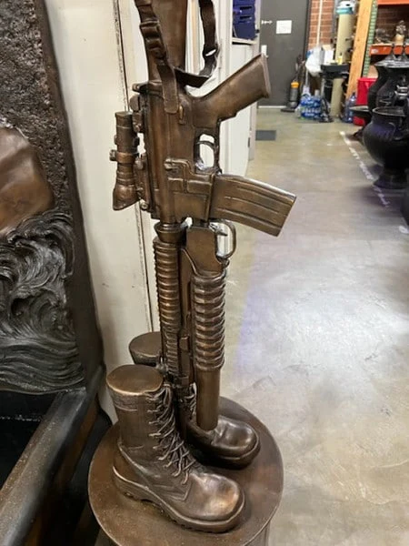 Bronze War Memorial with Gun Rifle & Boots on Column - Image 4
