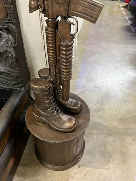 Bronze War Memorial with Gun Rifle & Boots on Column - Image 5