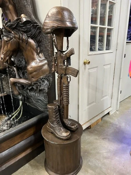 Bronze War Memorial with Gun Rifle & Boots on Column - Image 6