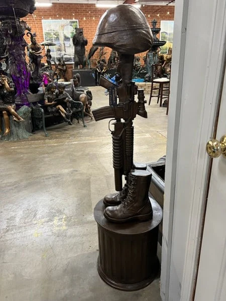 Bronze War Memorial with Gun Rifle & Boots on Column - Image 7