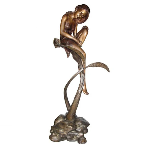 Bronze Young Girl Sitting on Leaf Sculpture