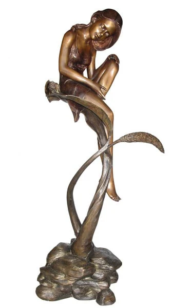 Bronze Young Girl Sitting on Leaf Sculpture - Image 2