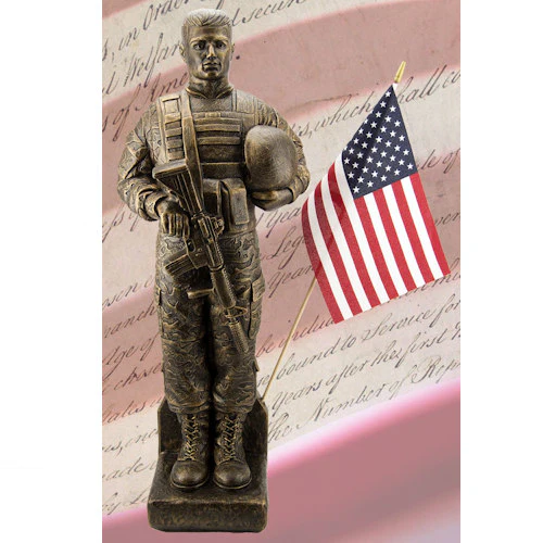 Camo Soldier with Flag Statue 30" High