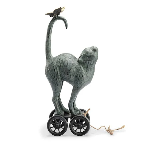 Cat on Pull Along Cart with Butterfly Statue - Image 2