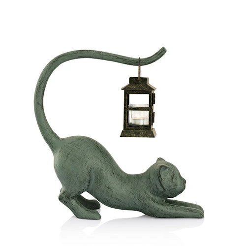 Cat Stretching Garden Lantern Candle Holder Statue - Image 2