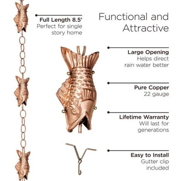 Fish Rain Chain Downspout Polished Copper - Image 4
