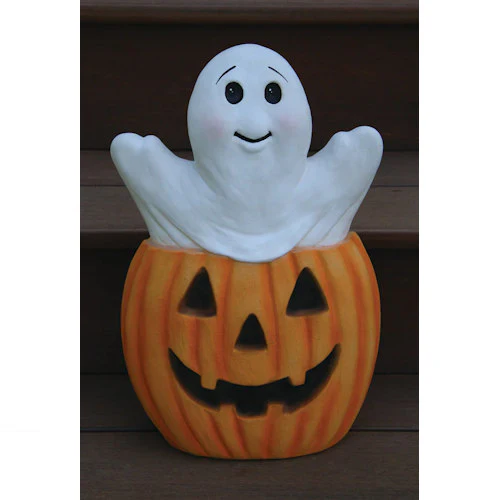 Friendly Ghost & Pumpkin Cement Sculpture 16.75" High - Image 2