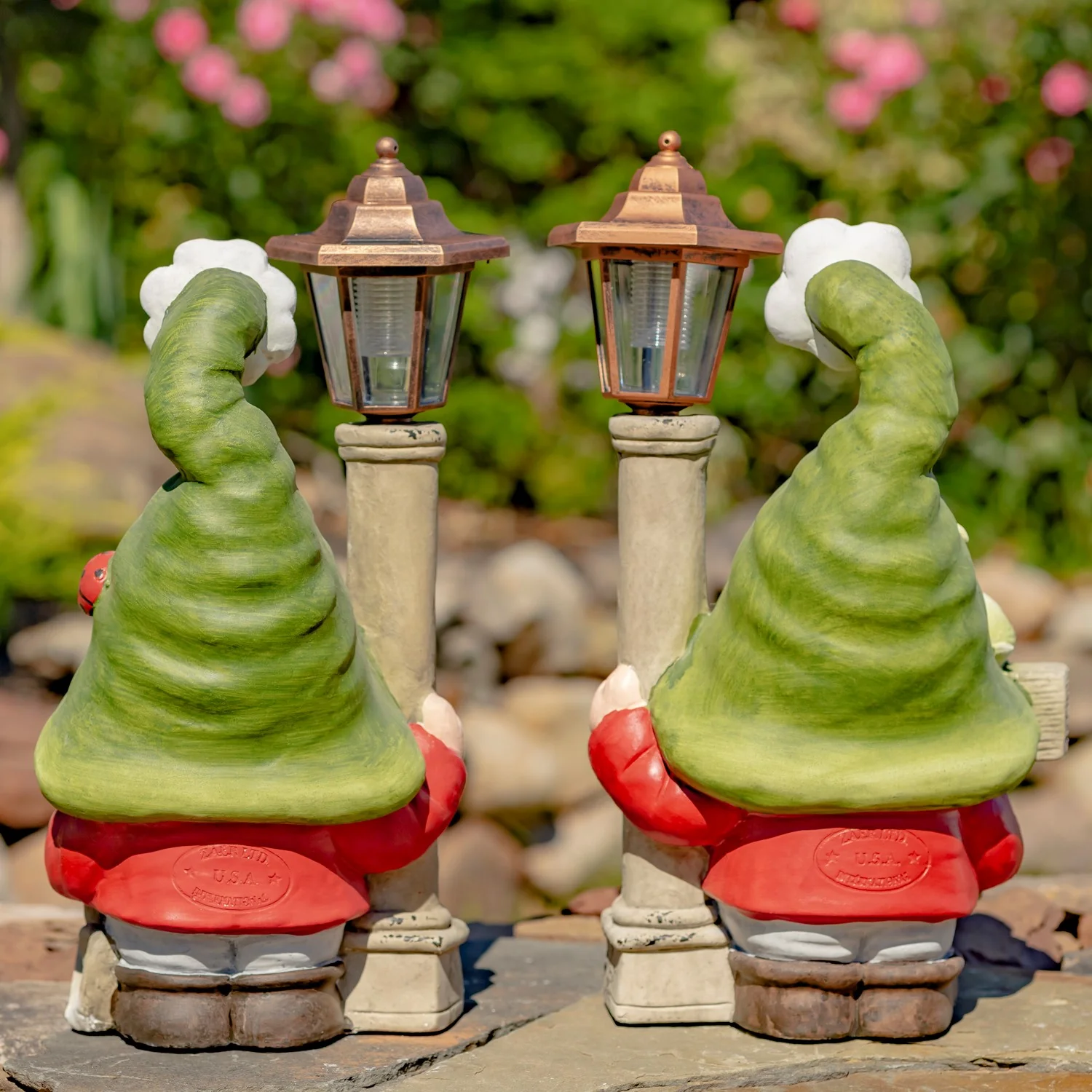 Garden Gnome Statues Set of 2 with Solar Lantern Posts & Welcome Sign 18" - Image 7
