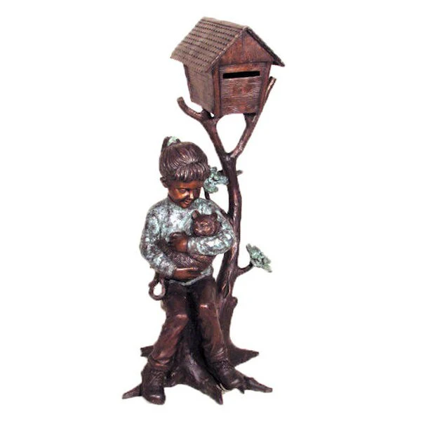 Girl Holding Cat Mailbox Sculpture Bronze