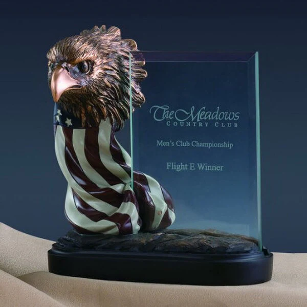 Glass Imprint Eagle with Flag Statue Award 7.5" H