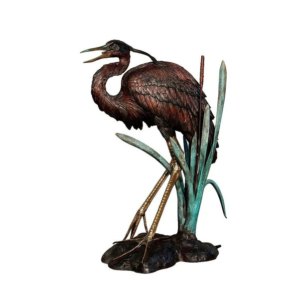 Heron in Grass Head Down Fountain Bronze Statue