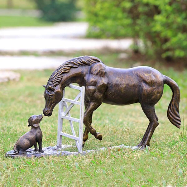 Horse and Dog at Fence Sculpture