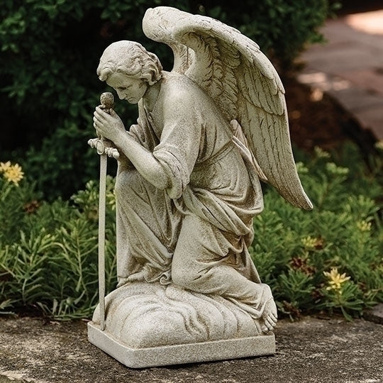 Male Angel Kneeling with Sword Garden Statue