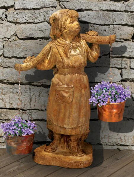 Milkmaid Planter With Copper Pails Statue - Image 2