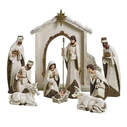 Nativity Set – 10-Piece Ivory & Gold Trim Figurines