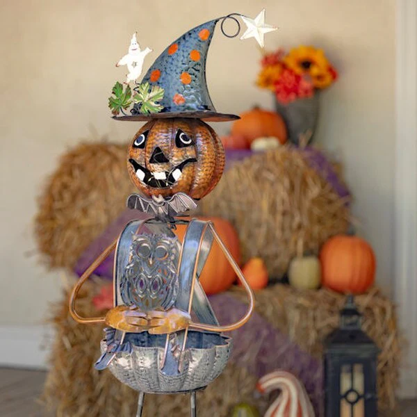 Pumpkin Witch with Owl Candy Holder Statue - Image 3