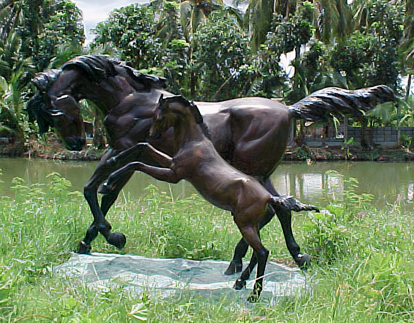 Galloping Colt with Mare Bronze Horse Life-Size Statue - Image 2