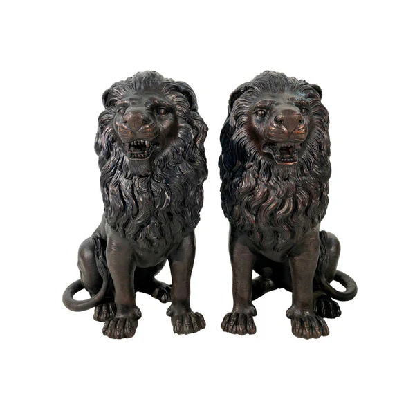 Snarling Lions Bronze Statues Set