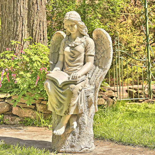 Tall Sitting Angel Reading Book Statue – 46" Antique Grey