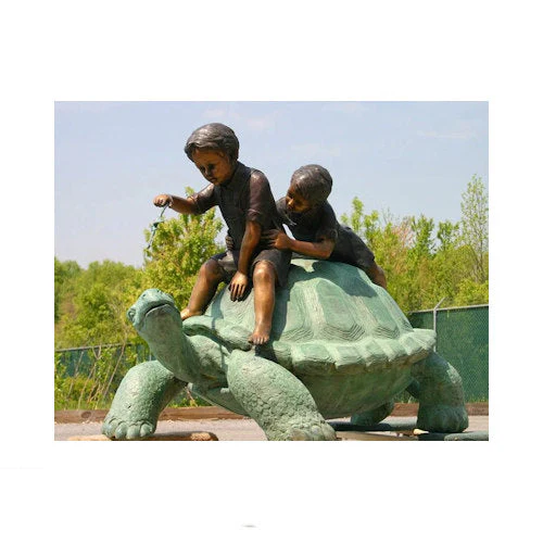 Two Boys Riding Turtle Bronze Sculpture 41" High