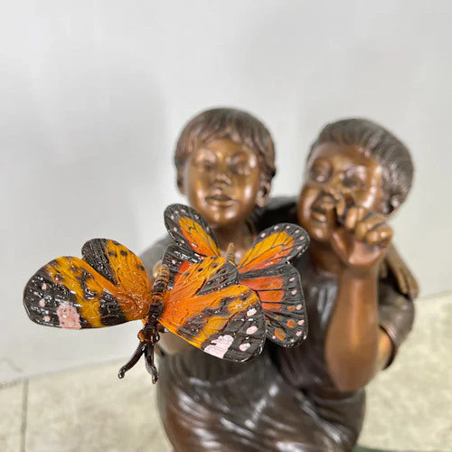 Two Children On Stump with Monarch Butterflies Bronze Statue - Image 2