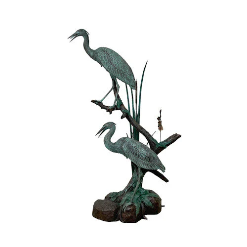 Two Crane Birds On Tree Water Feature Bronze Sculpture