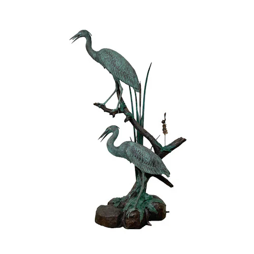 Two Crane Birds On Tree Water Feature Bronze Sculpture - Image 2