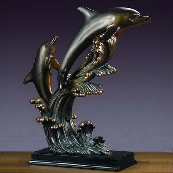 Two Dolphins Swimming On Waves Statue Large 23.5" H