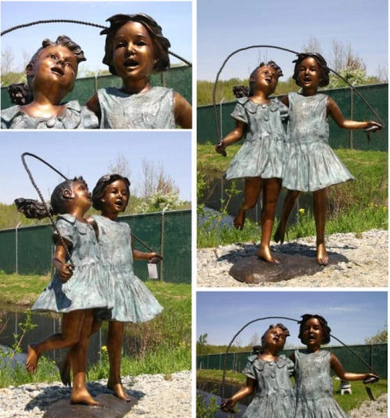 Two Girls Jumping Rope Bronze Garden Statue